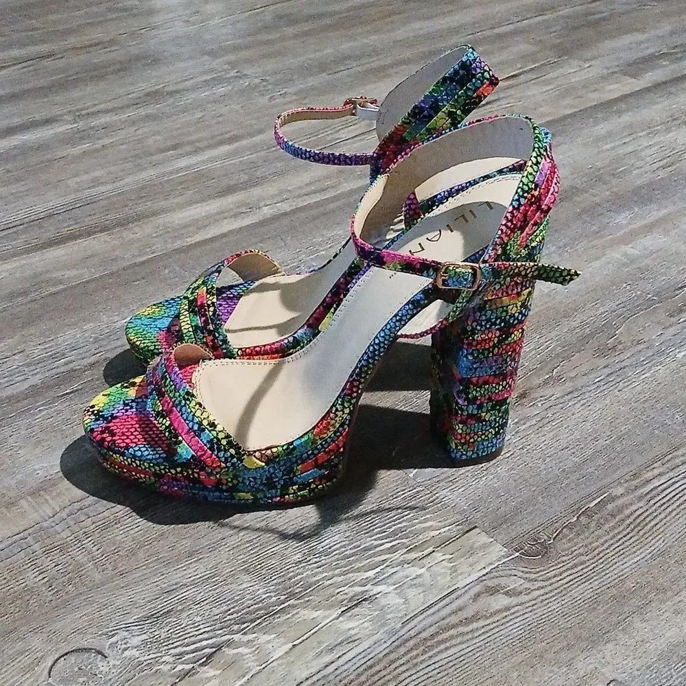 Liliana multicolor rainbow block heeled strappy shoes Sz 10 EUC
